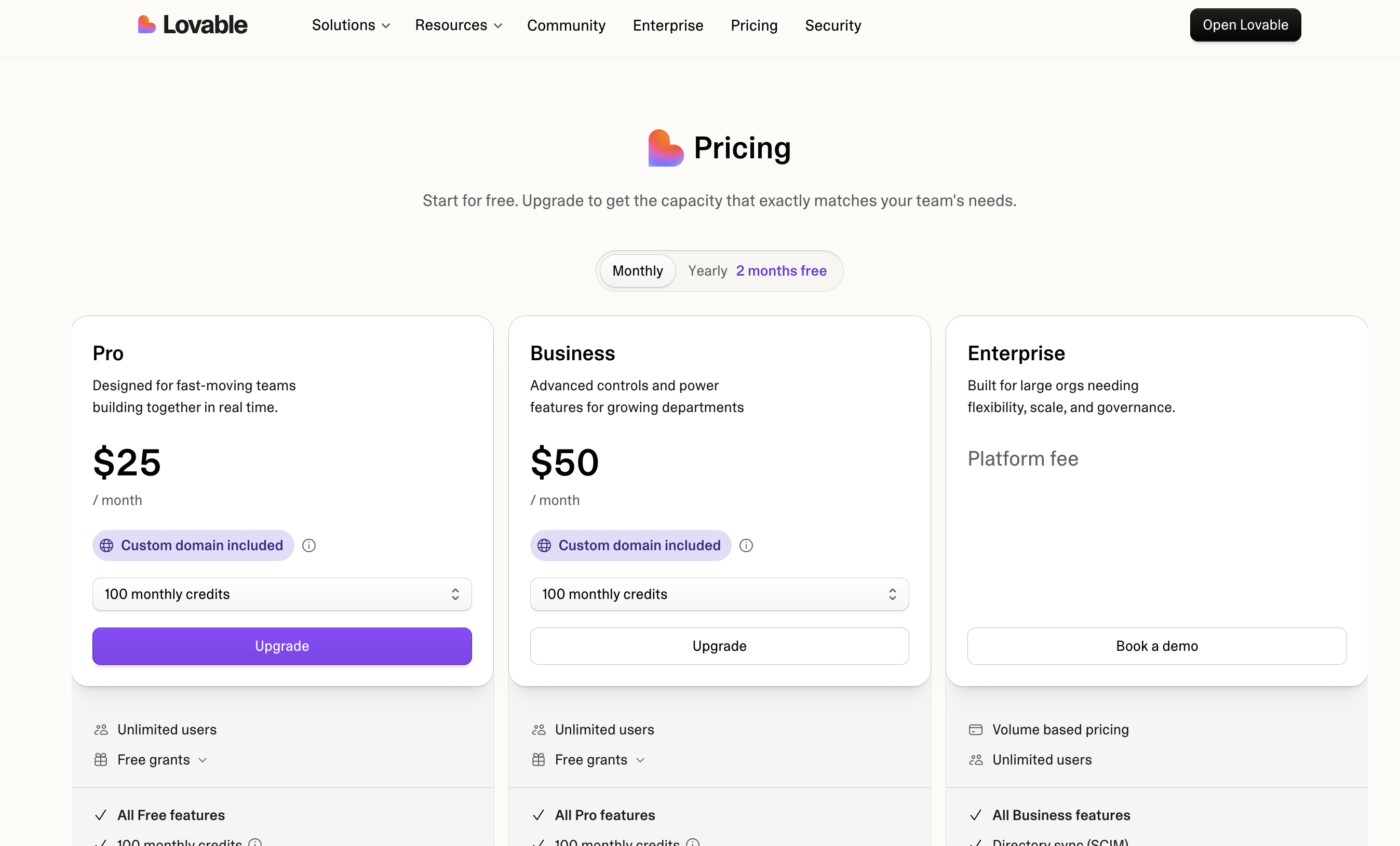 Lovable pricing in 2026: Pro $25/month, Business $50/month, and Enterprise with platform fee and volume pricing